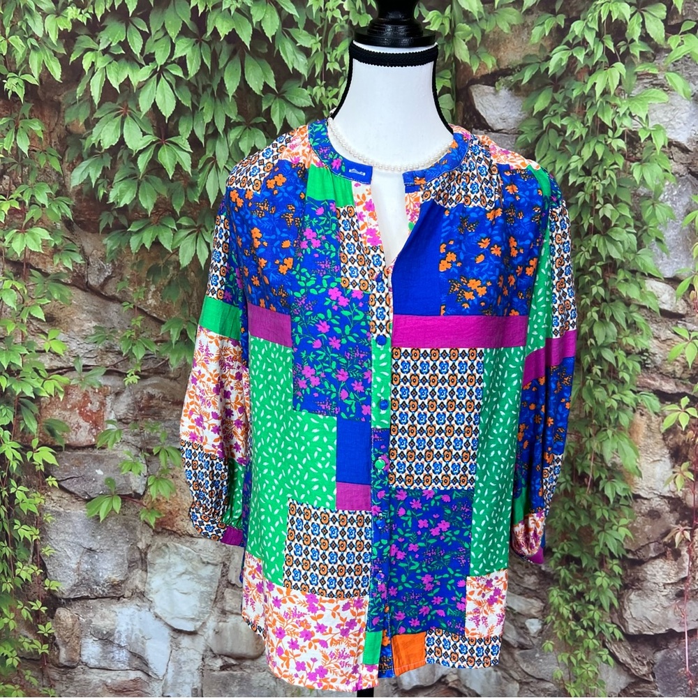 FATE Mixed Media Half-Placket Patchwork Blouse, S - image 2